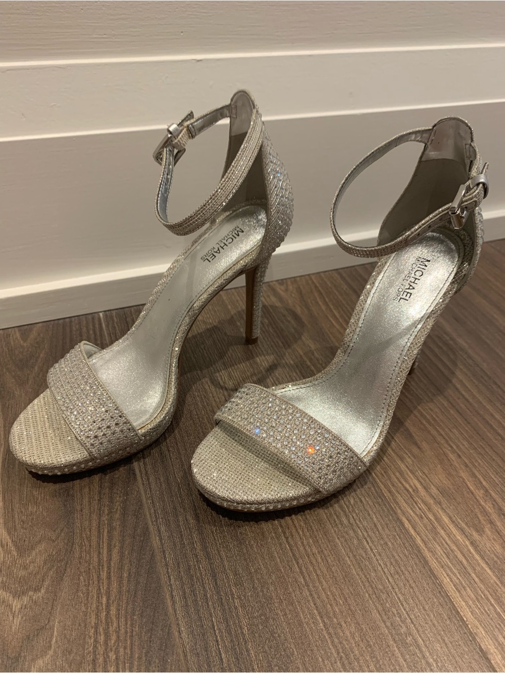 Michael Kors Silver Crystal Ankle-Strap Stiletto Sandals